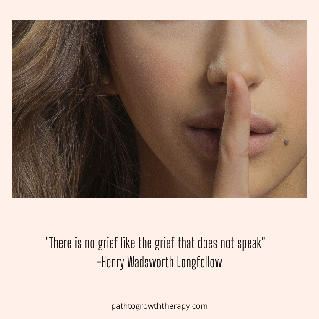 Close-up of a woman holding a finger to her lips, symbolizing silence. The image includes the quote: “There is no grief like the grief that does not speak” by Henry Wadsworth Longfellow.