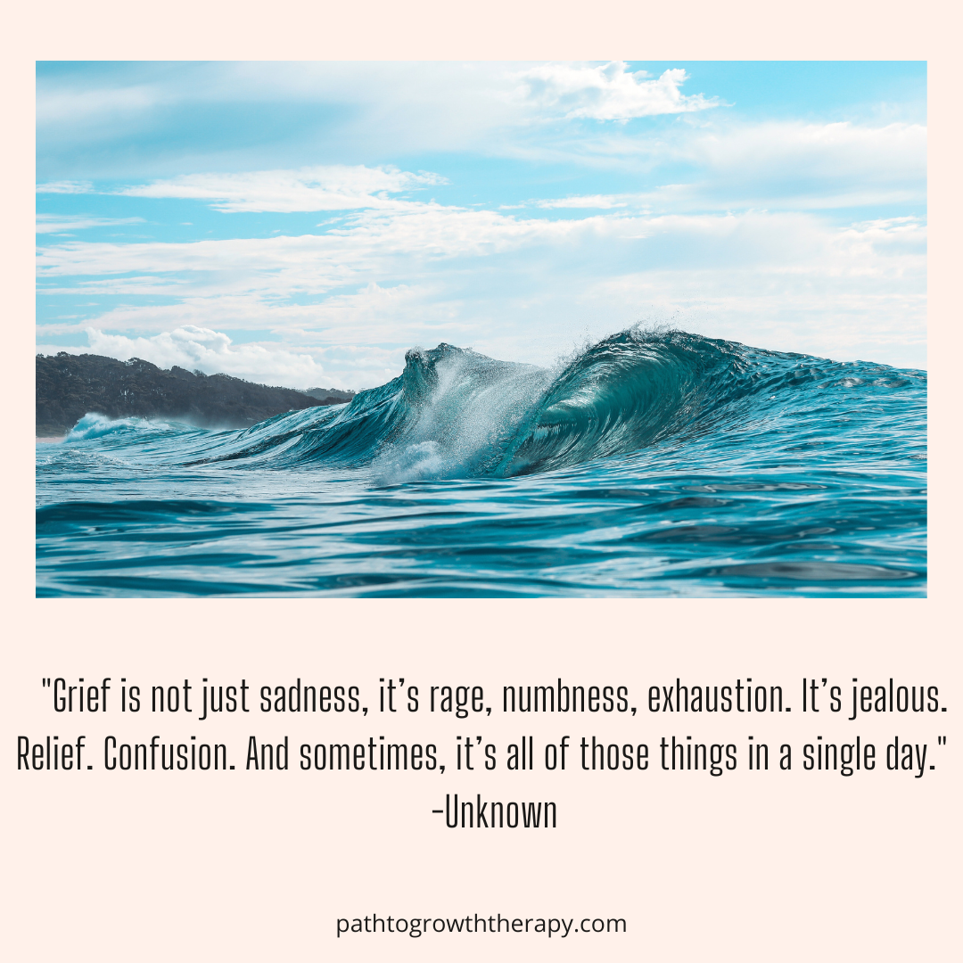 A solitary wave rises and curls under a cloudy sky, powerful and quiet, about to break on the shore—capturing both movement and stillness. Complicated grief